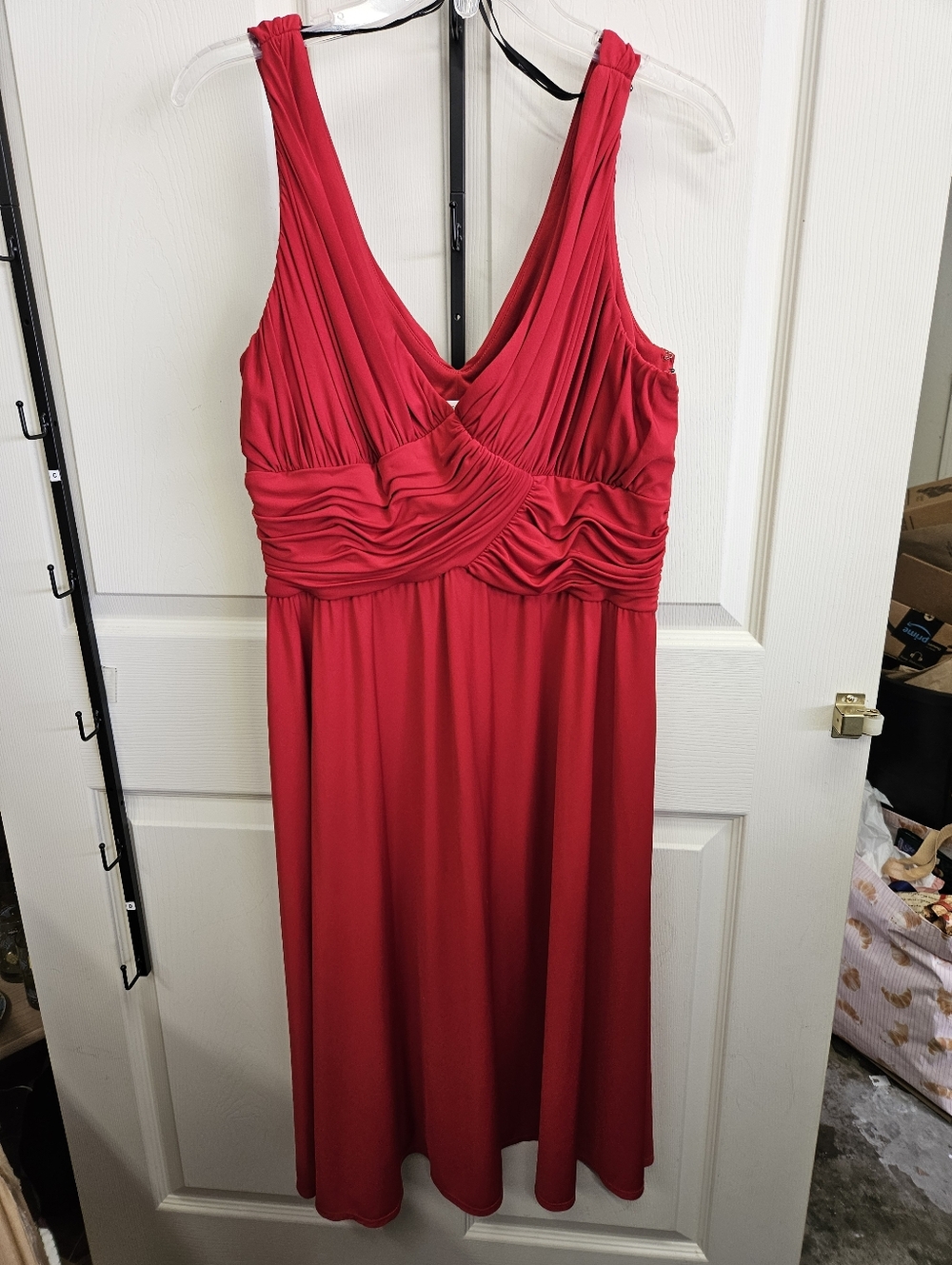Suzi Chin for Maggy Boutique Red V-Neck Ruched Midi Dress
